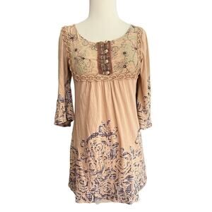 Small Language Los Angeles Tan Embroidered Boho Tunic Top